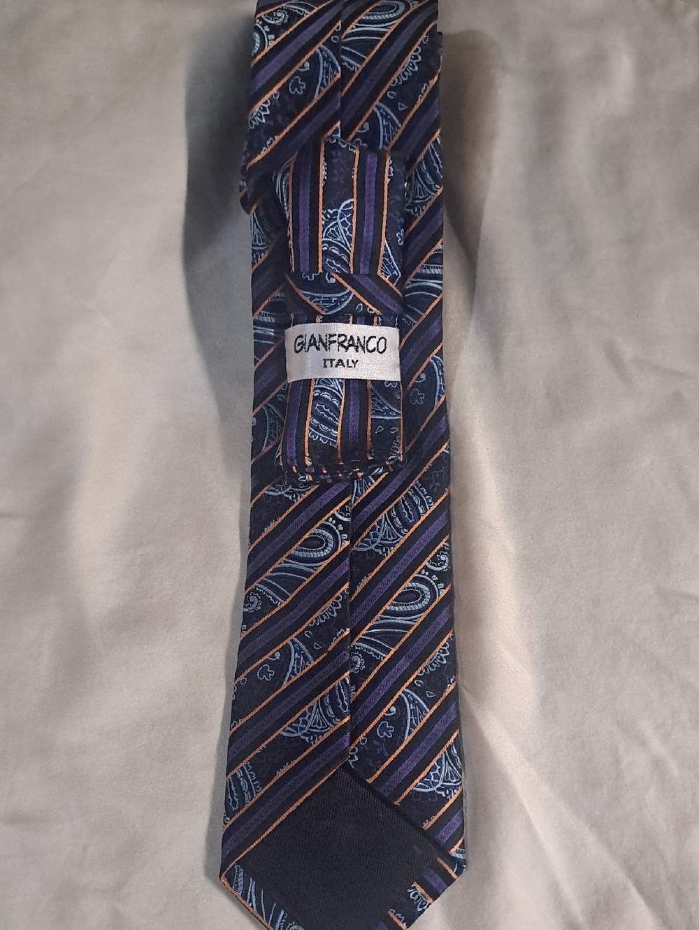 GIANFRANCO  ITALY Stylish Striped Tie -Muti-color Blue , Black , Orange and Grey - Picture 2 of 6